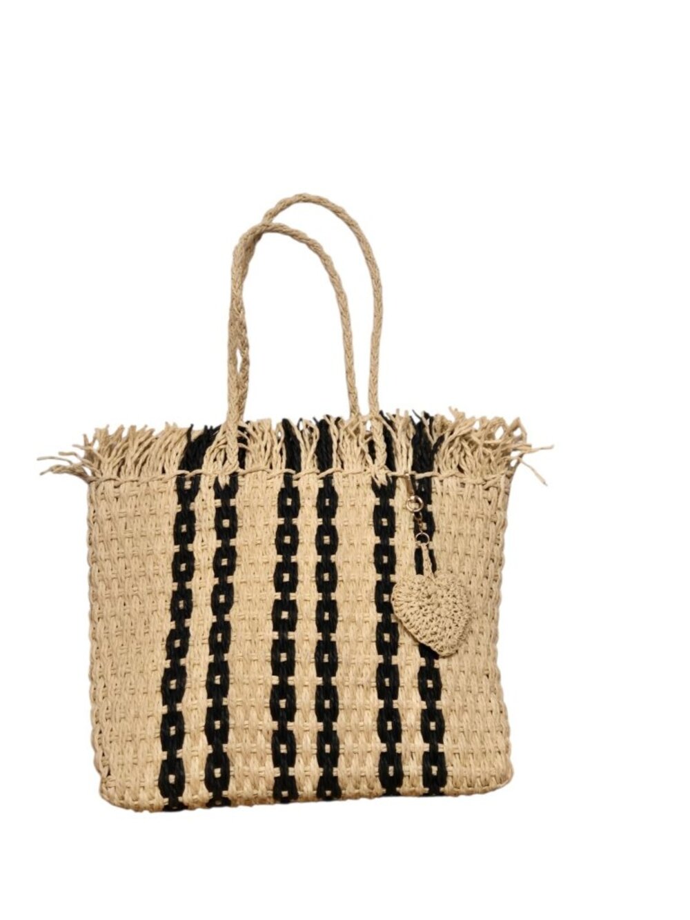 Haute Hippie Beige Black Stripe Raffia Straw Tote Bag Heart Bag Charm Coastal